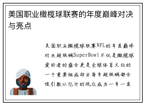美国职业橄榄球联赛的年度巅峰对决与亮点